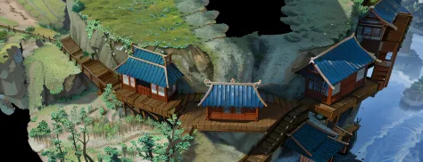 There are three chalets on a small island, Beautiful rendering of the Tang Dynasty, 2d game environment design, detailed scenic view, rpg game environment asset, Anime landscape concept art, 3 d stylize scene, stylized as a 3d render, very detailed render,...