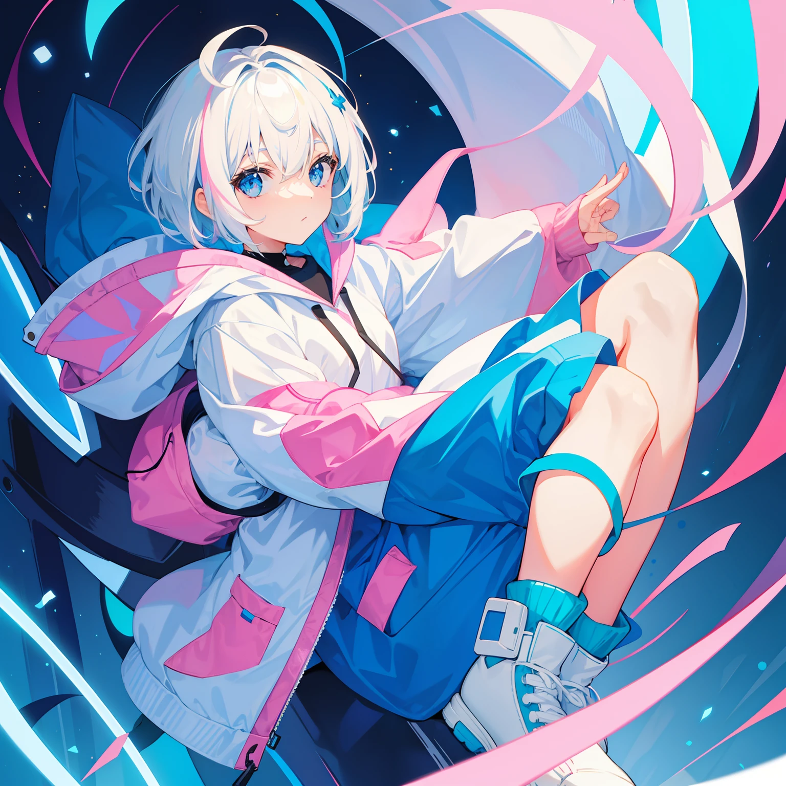 Girl Full Body Hood Odd Eye White Hair Short Hair Blue-Pink Yellow