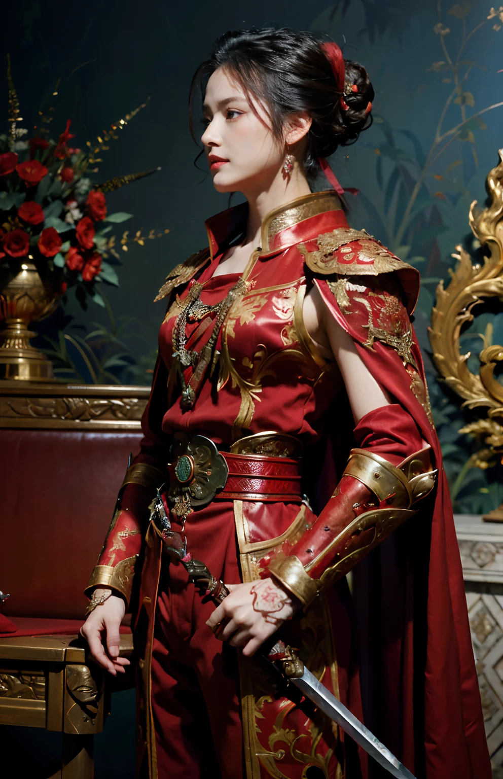 Looks serious., Lip press., (Updo Red:1.2), (Red Steel Armor:1.1) And a robe.. (capes:1.2) Royal style family (embroidery:0.5) With a sword.., skinny (Gorket Luckcart Poldron :1.3), Falcon symbol on armor, (masterpiece:1.2) (illustration:1.1) (bestquality:1.2) (Detailed) (intricate) (10) (HDR) (wallpaper) (Cinematic lighting) (crisp focus), Linewichit Style
