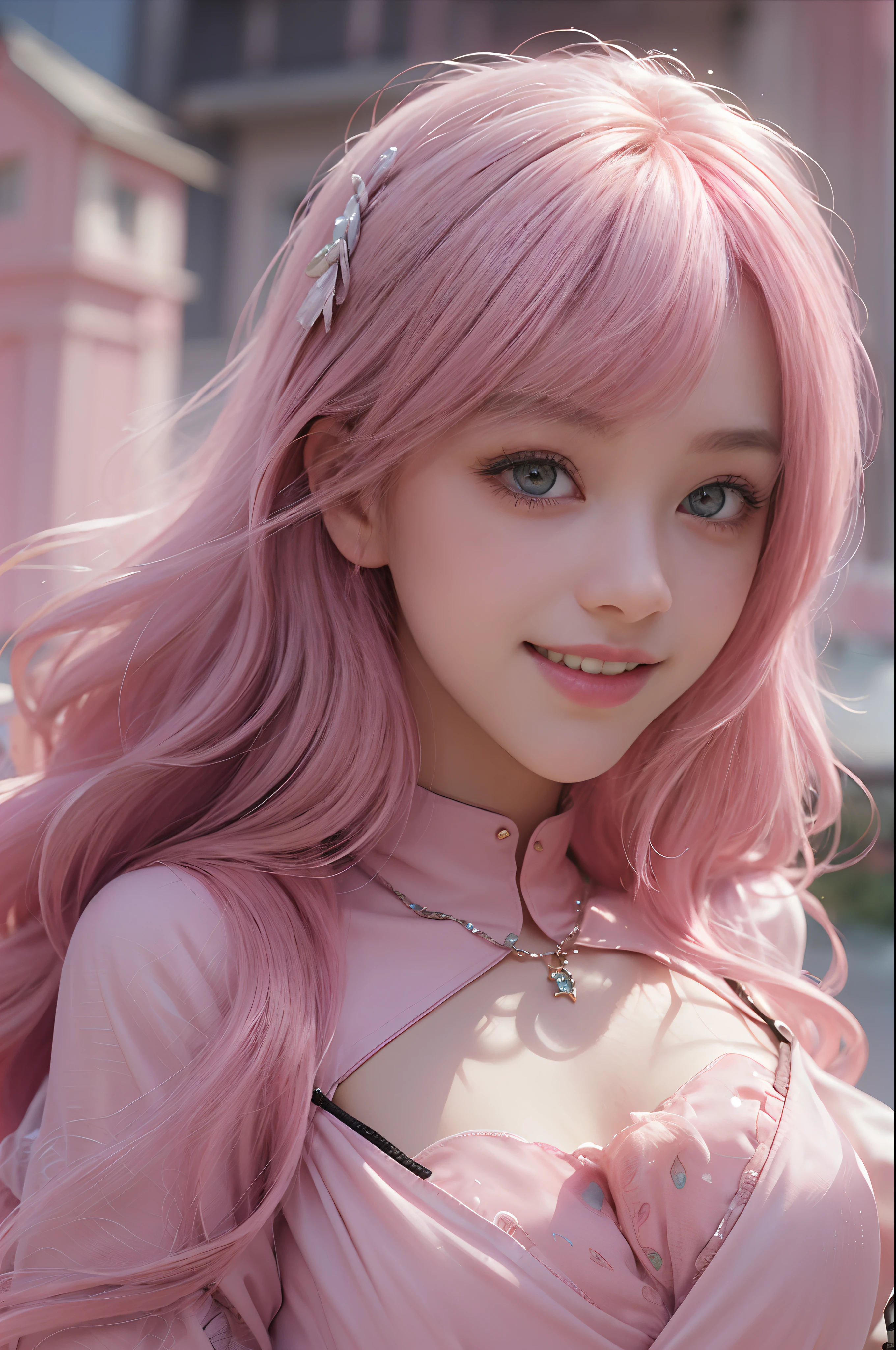 (extra detailed body、extra detailed face、best qualtiy:1.2)、femele、looking at the viewers、(A pink-haired、Lunette de soleil、17 age、a smile、Flashy clothes)、(Pink architecture on background:1.4)、Midjourney Worldview