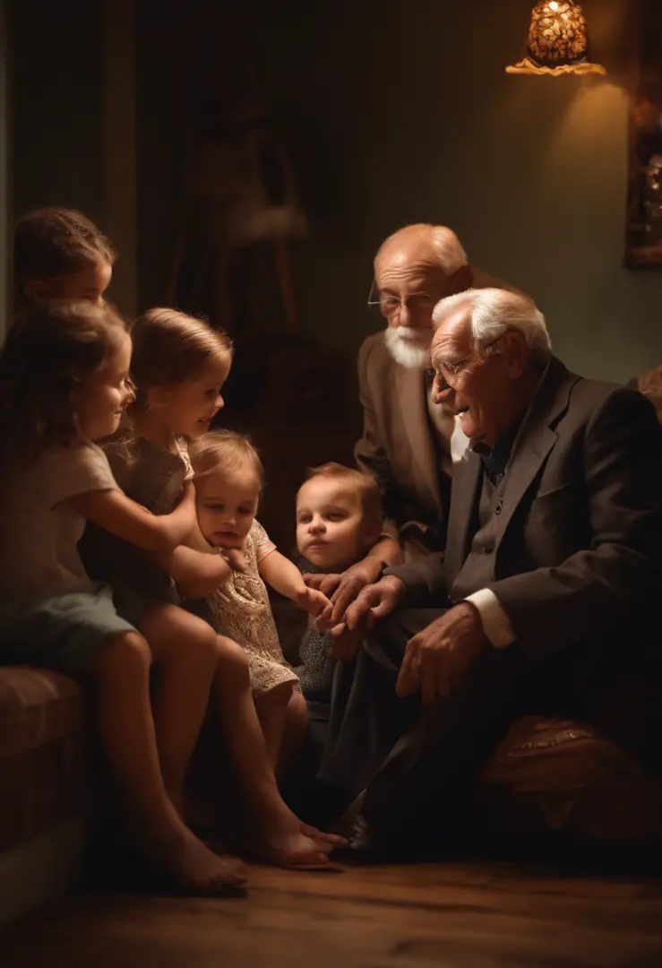 Grandpa and his grandchildren, reunidos, ouvindo seus ensinamentos,, carton