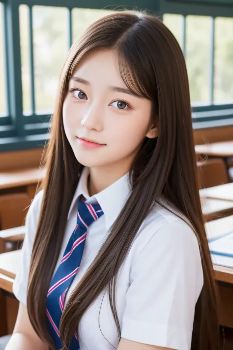 8k Beautiful high school girl in summer uniform with double eyelids studying in classroom