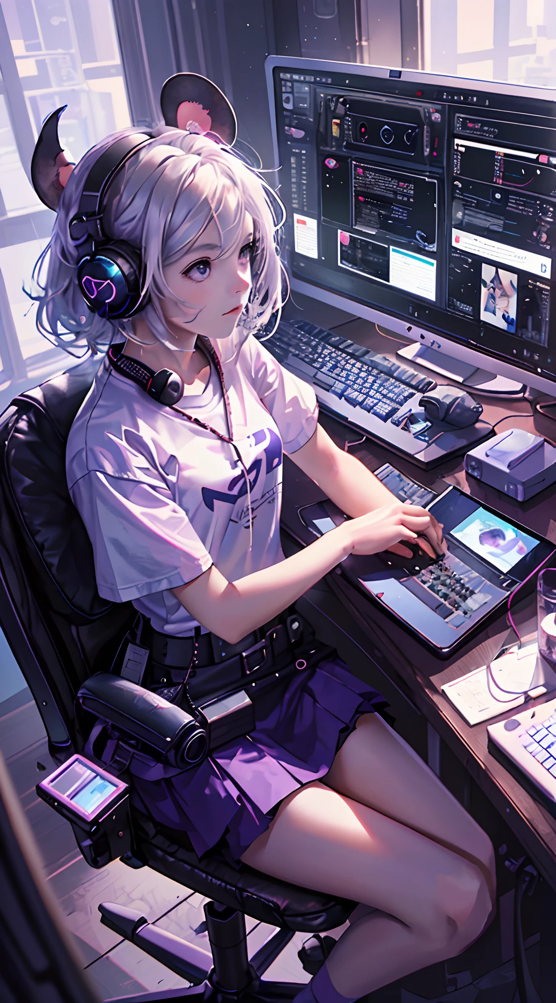 A girl playing with computer in study, white hair, tech-style, pink, purple, blue, monitor, keyboard, notebook, desk, computer host, mobile phone, mouse, stereo, illustration, iphone, mac, MacBook, AirPods pro, wireless headphones, short-sleeved t-shirt, short skirt, wide-angle lens, (full body photo)