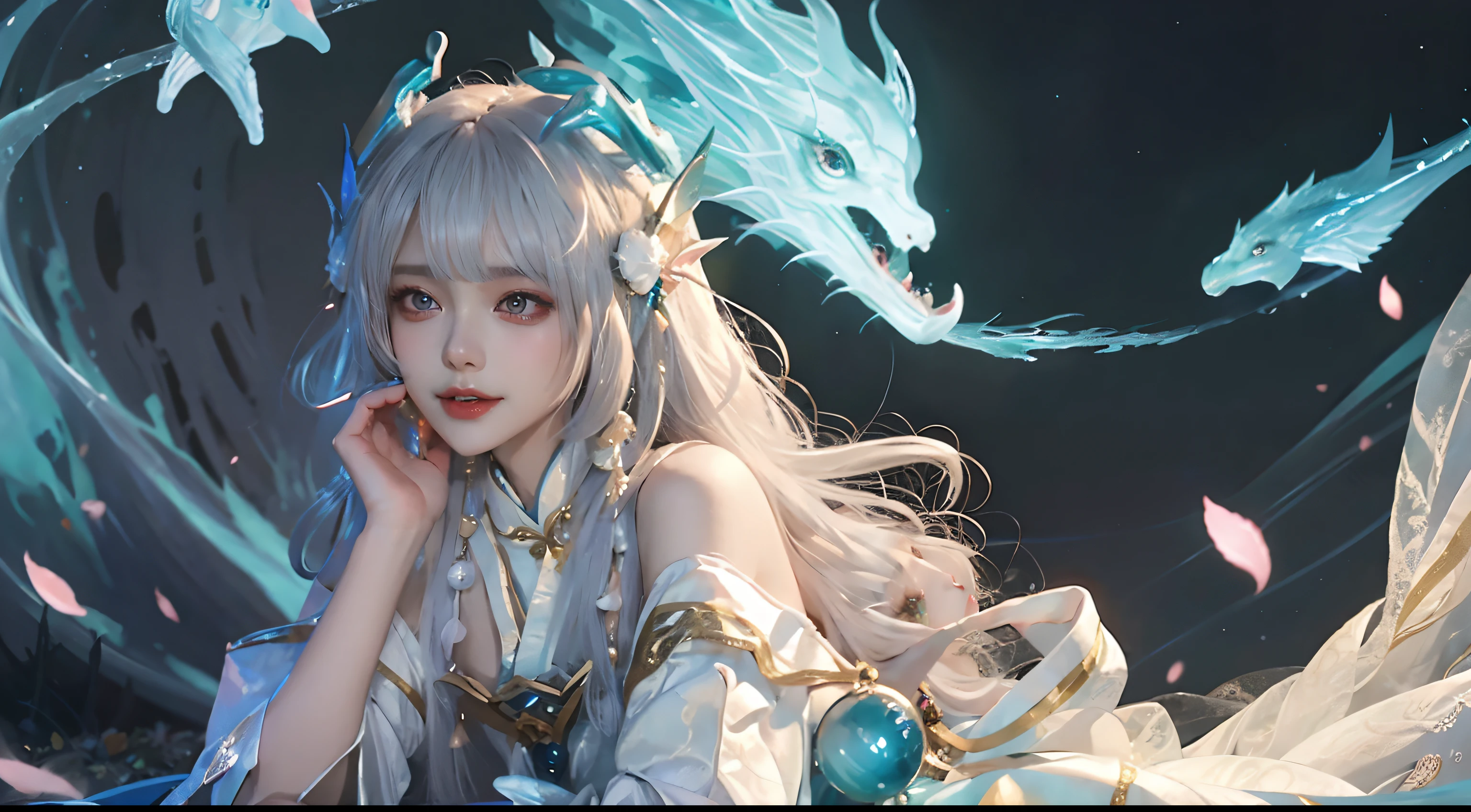 Close-up of a woman in a costume，Beautiful celestial mage，Amazing young ethereal characters，shaxi，A flowing magic robe，White Hanfu，xianxia fantasy，Beauty Delfin，Ethereal fantasy，Elegant and charming cosplay，Half lying on the ground，Feminine and colorful，It's tumultuous，nighttime scene，Lots of neon