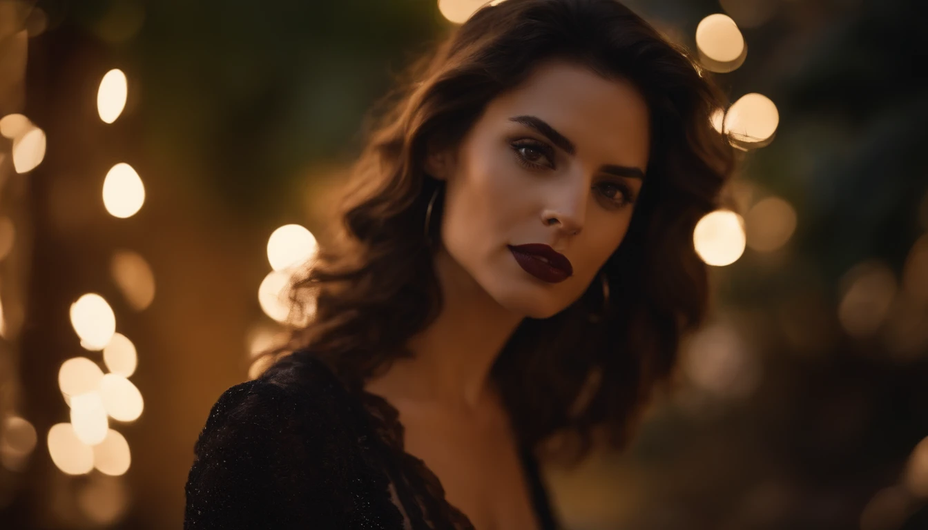 A woman with dark lipstick and a black dress posing for a picture - SeaArt  AI