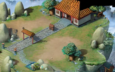 There is a small house with benches on the island, isometric game asset, 2d game environment design, rpg game environment asset, mobile game asset, isometric game art, isometric 2 d game art,, Inspired by Cao Zhibai, inspired by Dong Yuan