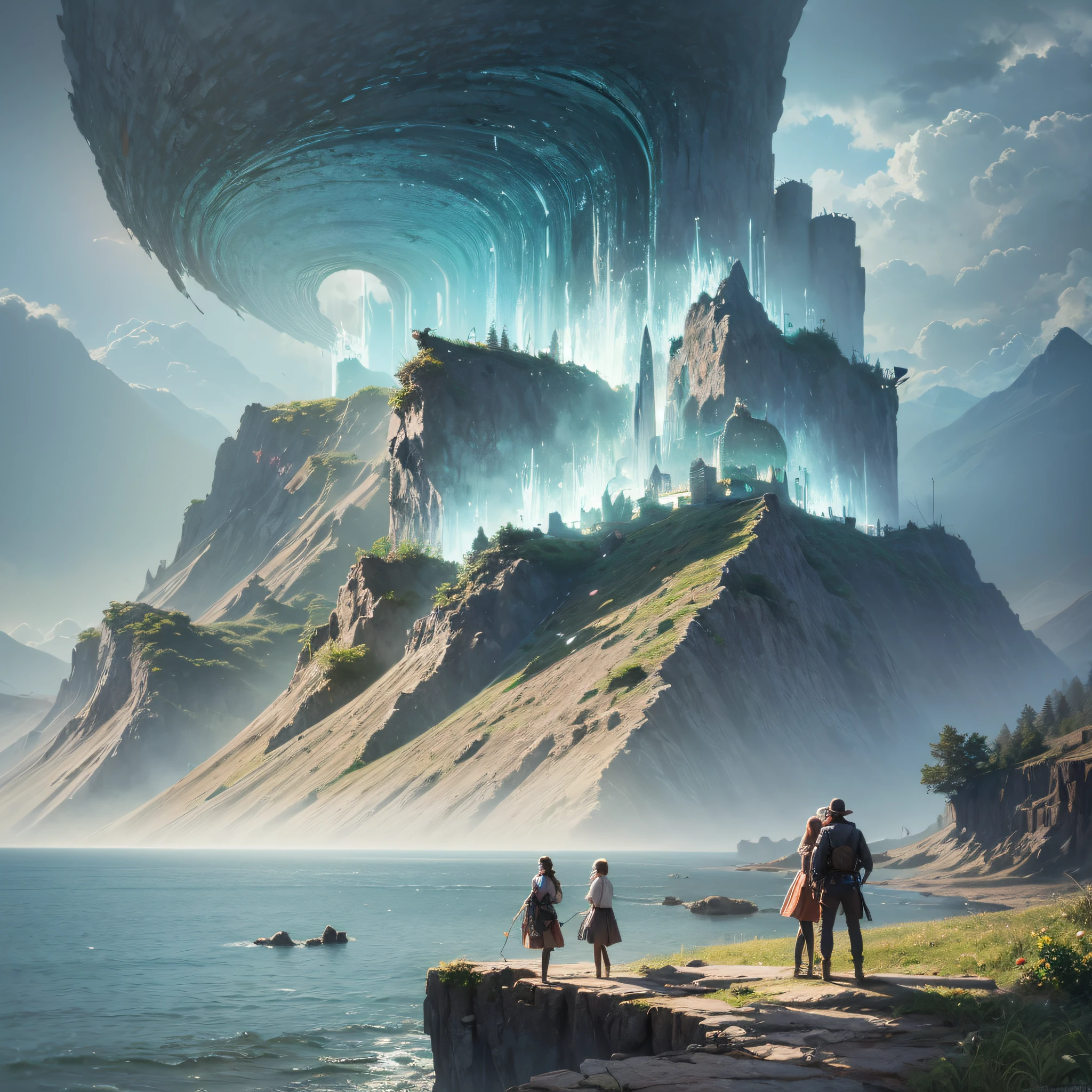 scene of a mountains, 3 people, bustling sea, great big storm, big tsunami, sunlight, glow, scenery concept art, overgrowth. by Renoir , relaxing concept art, traditional classic concept art, a beautiful artwork illustration. high detail, background art, detailed concept art, environment design illustration, concept art highly detailed