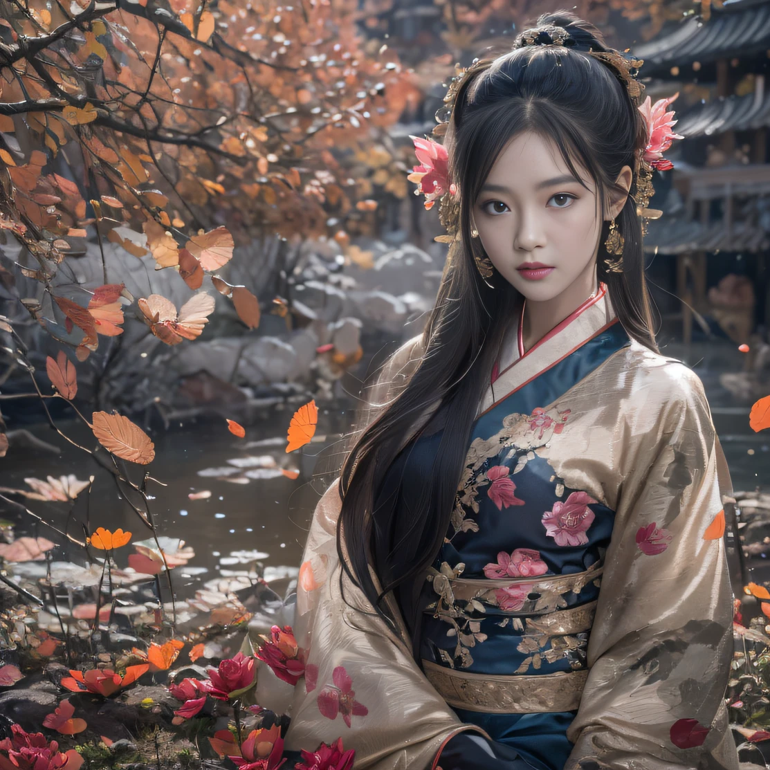 32K（tmasterpiece，k hd，hyper HD，32K）Long flowing black hair，ponds，zydink， a color， Xuzhou people （Silly girl）， （Silk scarf）， Combat posture， looking at the ground， long whitr hair， Floating hair， Carp pattern headdress， Chinese long-sleeved clothing， （abstract ink splash：1.2）， Pink petal background，Pink and white lotus flowers fly（realisticlying：1.4），Black color hair，Fallen leaves flutter，The background is pure， A high resolution， the detail， RAW photogr， Sharp Re， Nikon D850 Film Stock Photo by Jefferies Lee 4 Kodak Portra 400 Camera F1.6 shots, Rich colors, ultra-realistic vivid textures, Dramatic lighting, Unreal Engine Art Station Trend, cinestir 800，Long flowing black hair，Denim skirt