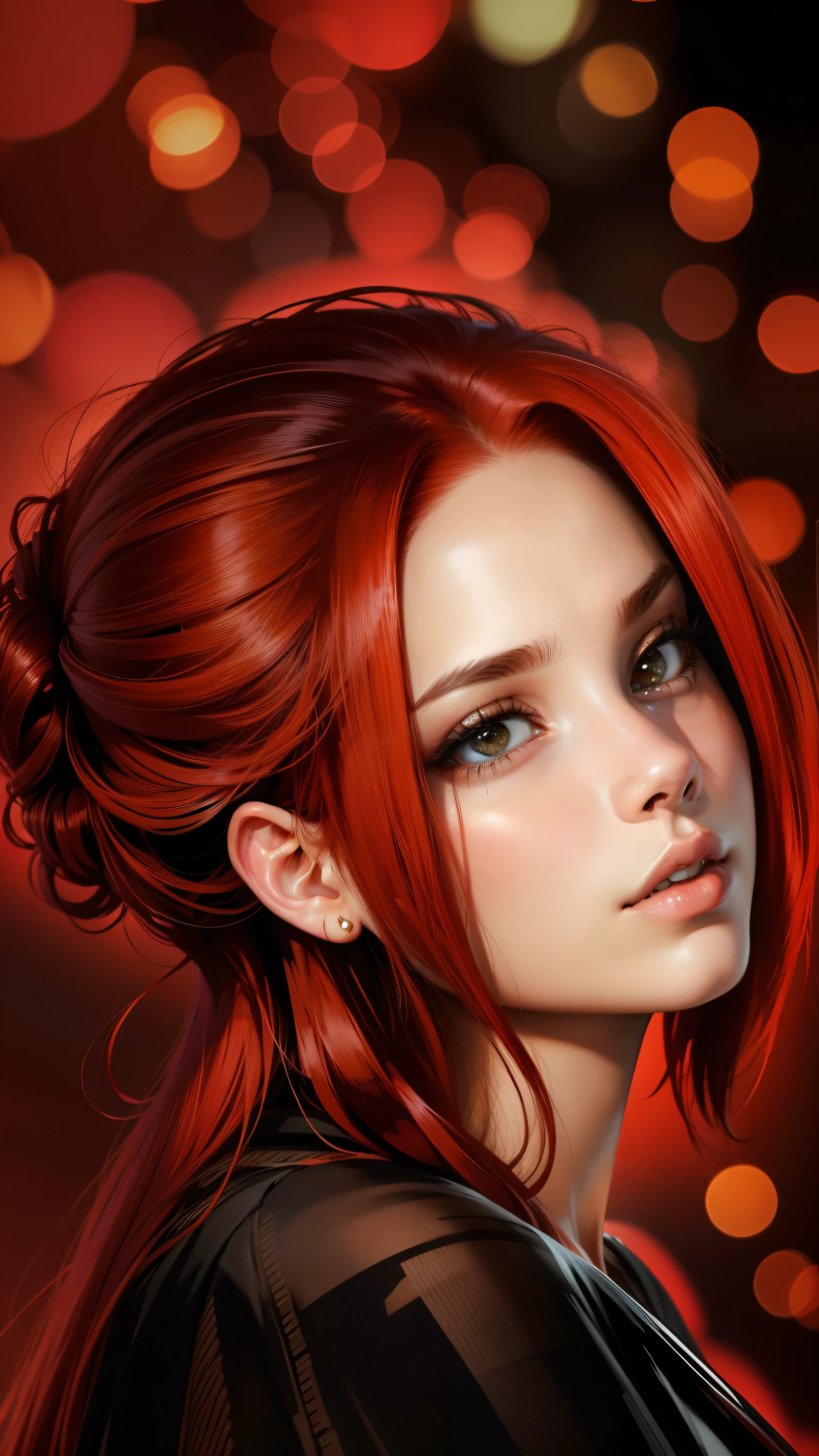 A woman with red hair and a black top looks into the distance - SeaArt AI