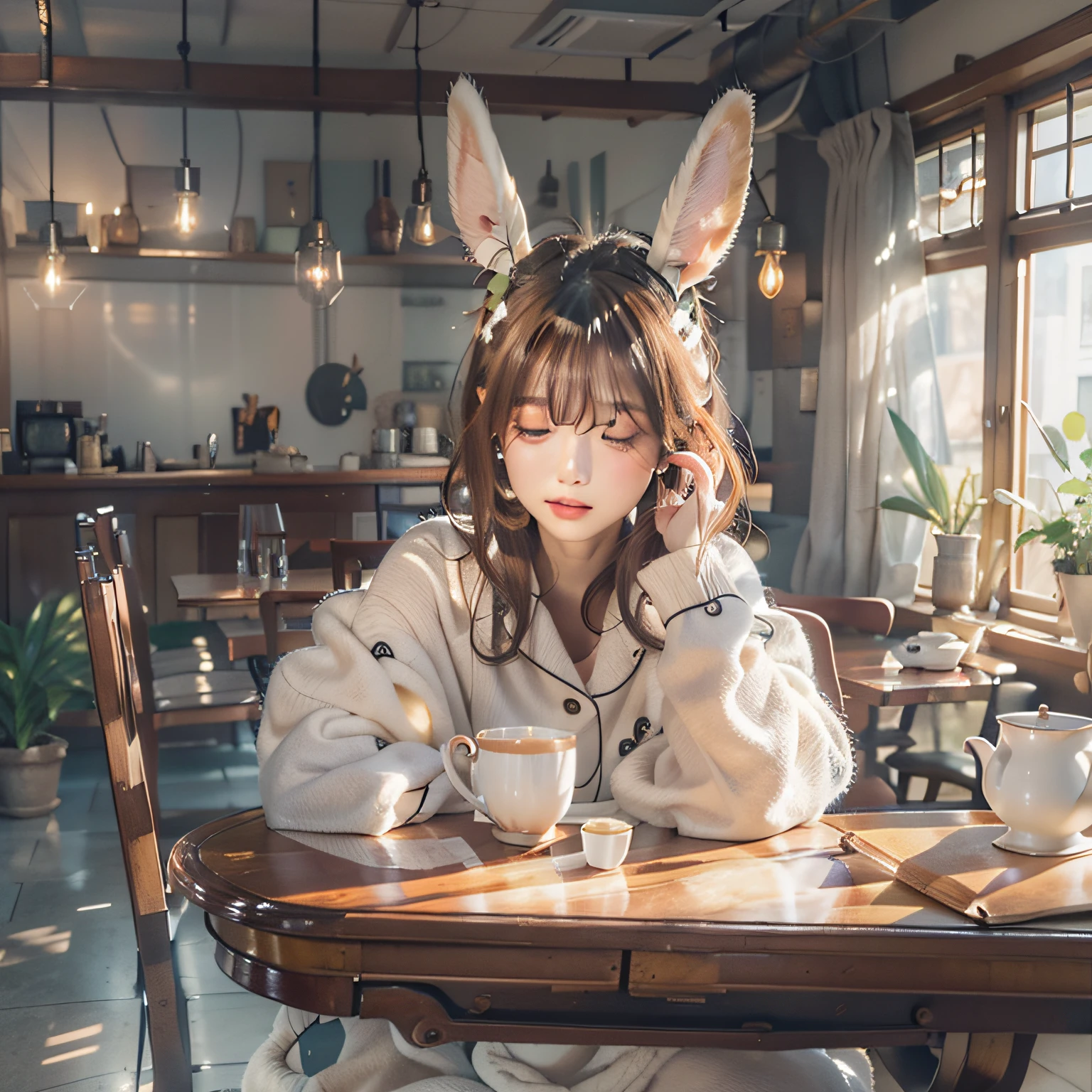 Sitting alone across from an empty dining table、Drinking tea in pajamas、looking at viewer、sleepy、Bun hair、head shot、Bulb light from above