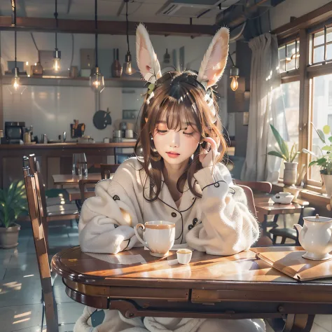 Sitting alone across from an empty dining table、Drinking tea in pajamas、looking at viewer、sleepy、Bun hair、head shot、Bulb light f...