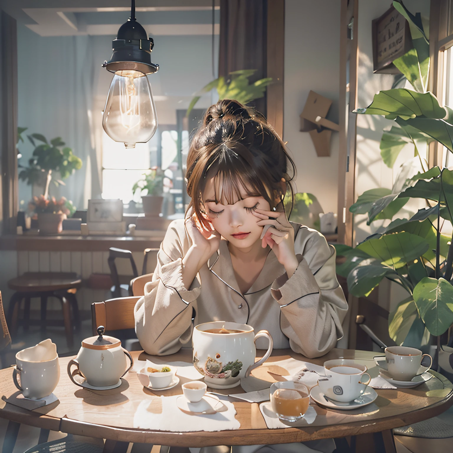 Sitting alone across from an empty dining table、Drinking tea in pajamas、looking at viewer、sleepy、Bun hair、head shot、Bulb light from above