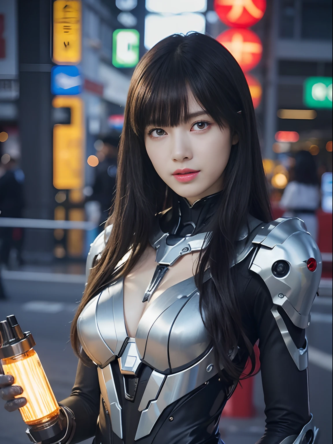 （Fight against mechanical robot soldiers）、top-quality、​masterpiece、超A high resolution、(sexypose),（Wearing a futuristic transparent sun visor）、(Photorealsitic:1.4)、Raw photo、女の子1人、Black hair、glowy skin、((1 Mechanical Girl))、((super realistic details))、portlate、（Small LED lamp）、Wire tubes that glow all over the body、globalillumination、Shadow、octan render、8K、Armpit、ultrasharp、Colossal 、Small LED lamp、Raw skin is exposed in cleavage、metals、blood vessels connected to tubes、Red bodysuit、Armpit、Cyberpunk city background、Details of complex ornaments、Japan details、highly intricate detail、Realistic light、CGSoation Trends、Blue eyes、radiant eyes、Facing the camera、neon details、（Helmet of the Brave）、Mechanical limbs、blood vessels connected to tubeechanical vertebrae attached to the back、mechanical cervical attaching to neck、Wires and cables connecting to the head、Gundam、Small LED lamp、Toostock、Toostock、