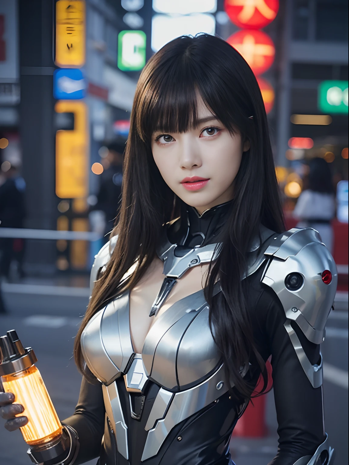 （Fight against mechanical robot soldiers）、top-quality、​masterpiece、超A high resolution、(sexypose),（Wearing a futuristic transparent sun visor）、(Photorealsitic:1.4)、Raw photo、女の子1人、Black hair、glowy skin、((1 Mechanical Girl))、((super realistic details))、portlate、（Small LED lamp）、Wire tubes that glow all over the body、globalillumination、Shadow、octan render、8K、Armpit、ultrasharp、Colossal tits、Small LED lamp、Raw skin is exposed in cleavage、metals、blood vessels connected to tubes、Red bodysuit、Armpit、Cyberpunk city background、Details of complex ornaments、Japan details、highly intricate detail、Realistic light、CGSoation Trends、Blue eyes、radiant eyes、Facing the camera、neon details、（Helmet of the Brave）、Mechanical limbs、blood vessels connected to tubes、Mechanical vertebrae attached to the back、mechanical cervical attaching to neck、Wires and cables connecting to the head、Gundam、Small LED lamp、Toostock、Toostock、