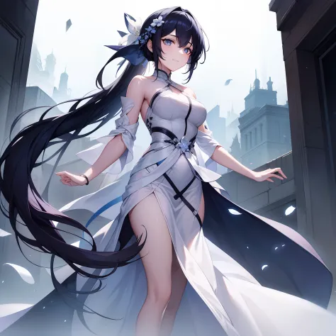 Woman, long dark blue hair gathered in a low ponytail, pale eyes, white combat dress with silver details and flowers, modernity,...