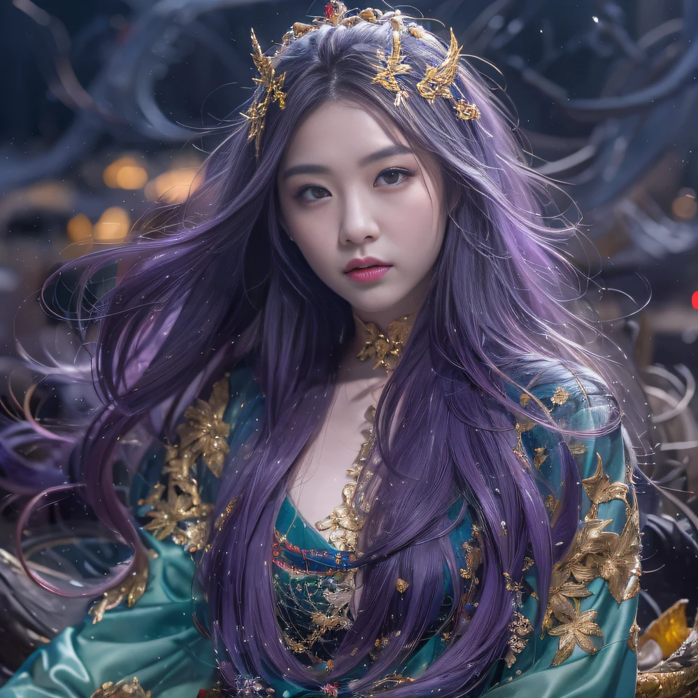 Genki Girl 32K（tmasterpiece，k hd，hyper HD，32K）Long flowing bright purple hair，Autumn Pond，zydink， a color，  Asian people （Genki girl）， （Silk scarf）， Combat posture， looking at the ground， long whitr hair， Floating bright purple， Fire cloud pattern gold tiara， Chinese long-sleeved gold silk garment， （Abstract metaverse splash：1.2）， white backgrounid，Lotus Vitality Protector（realisticlying：1.4），Bright purple hair，Smoke on the road，The background is pure， A high resolution， the detail， RAW photogr， Sharp Re， Nikon D850 Film Stock Photo by Jefferies Lee 4 Kodak Portra 400 Camera F1.6 shots, Rich colors, ultra-realistic vivid textures, Dramatic lighting, Unreal Engine Art Station Trend, cinestir 800，A girl with flowing bright purple long hair