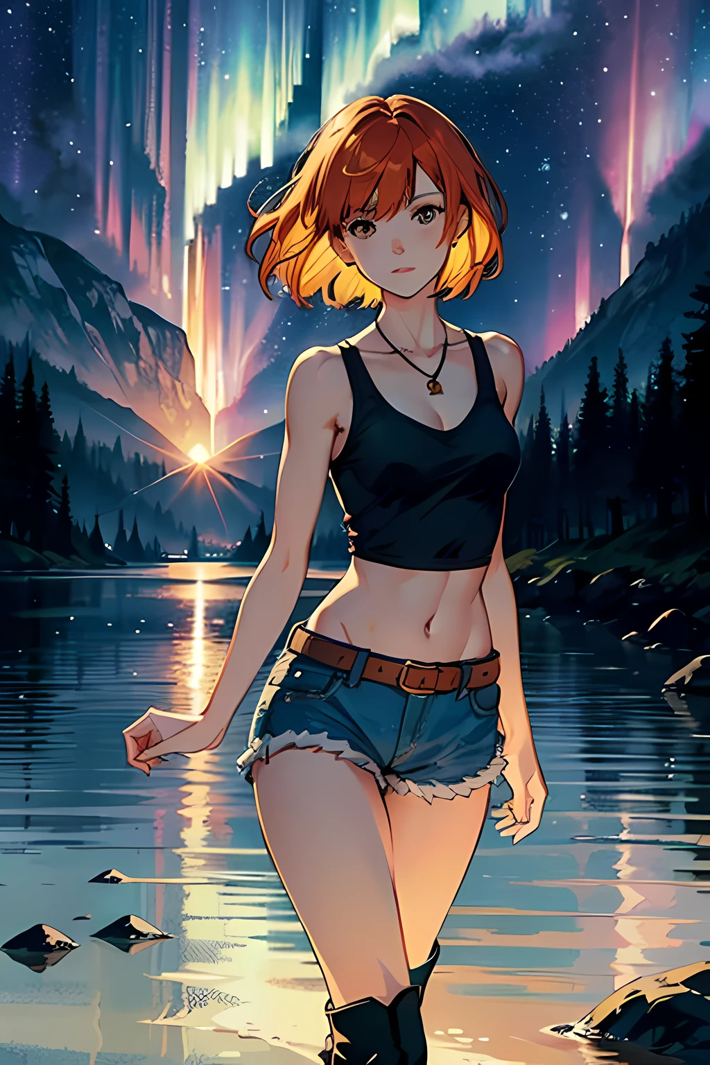 shorthair, orange hair, greenish tanktop ,bare shoulders, cutout above navel, blue denim shorts, black belt, over-kneehighs, brown boots, arms at sides, Walking slowly on the water,head tilt, light smile,light rays, (high contrast), (Colorful aurora),(lakes),(clear background),lighting,(clear sky),night,stars,moon light,forest,(detailed clear water-drop:1.1