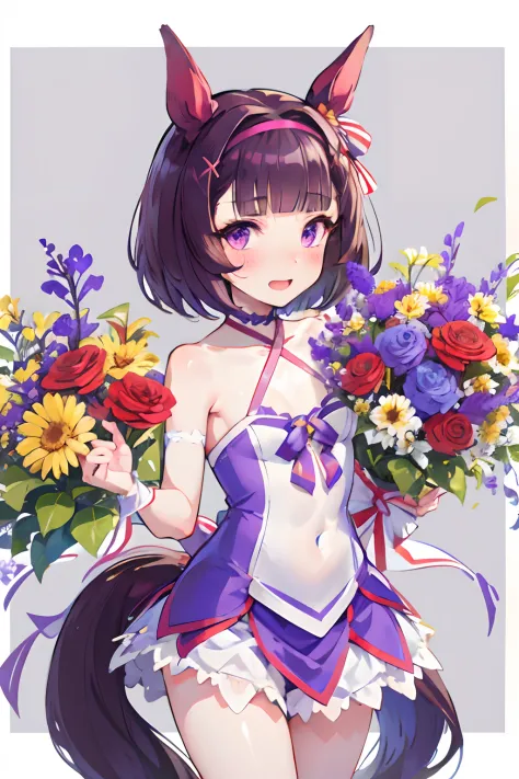 NSFW,bared  chest,Revealing clothes,Uma Musume's Nishino Flower,Uma Musume,Nishino flower,shorth hair,Katyusha,Big horse ears,Cute horse tail,Beautiful purple eyes,doress,small tits,flat breast,Smile with open mouth,Lori,Curvaceous,red blush,Shy face,Top i...