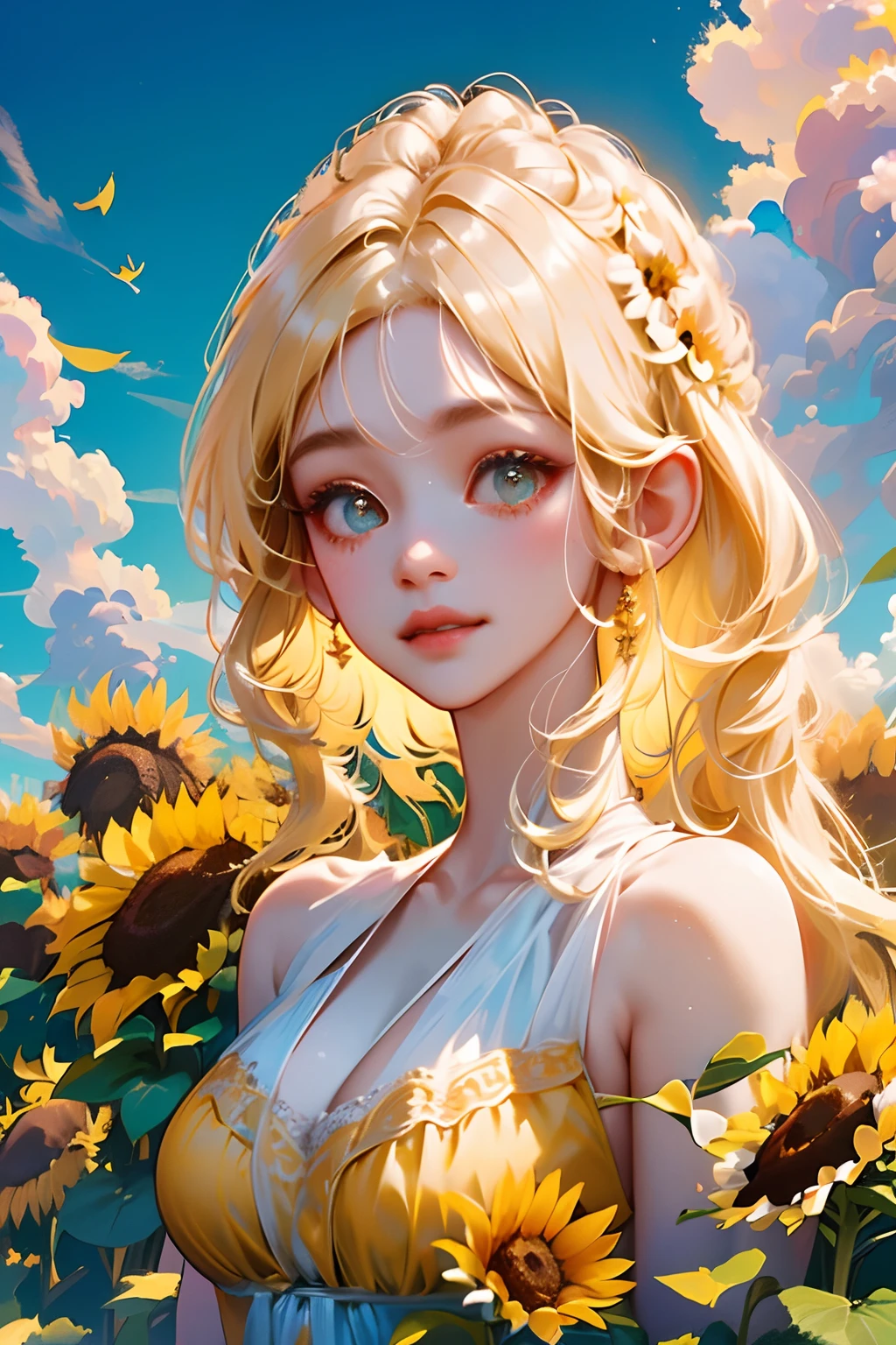 tmasterpiece， high high quality， cinematic Film still from， one-girl，Golden hair，Sunflowers are worn on the head， floating in sky， Cloud Girl， Clouds， （closeup cleavage： 1.1）， brightly， cheerfulness， intriguing， gentlesoftlighting， （bauhause， Shape， lineworks， abstracted： 1.1），