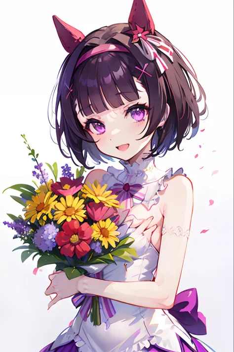 NSFW,(bared  chest)),shorth hair,Red headband,Beautiful purple eyes,doress,Smile with open mouth,Revealing clothes,Lori,small tits,Curvaceous,Flower bouquet,Top image quality,Best Quality,masutepiece