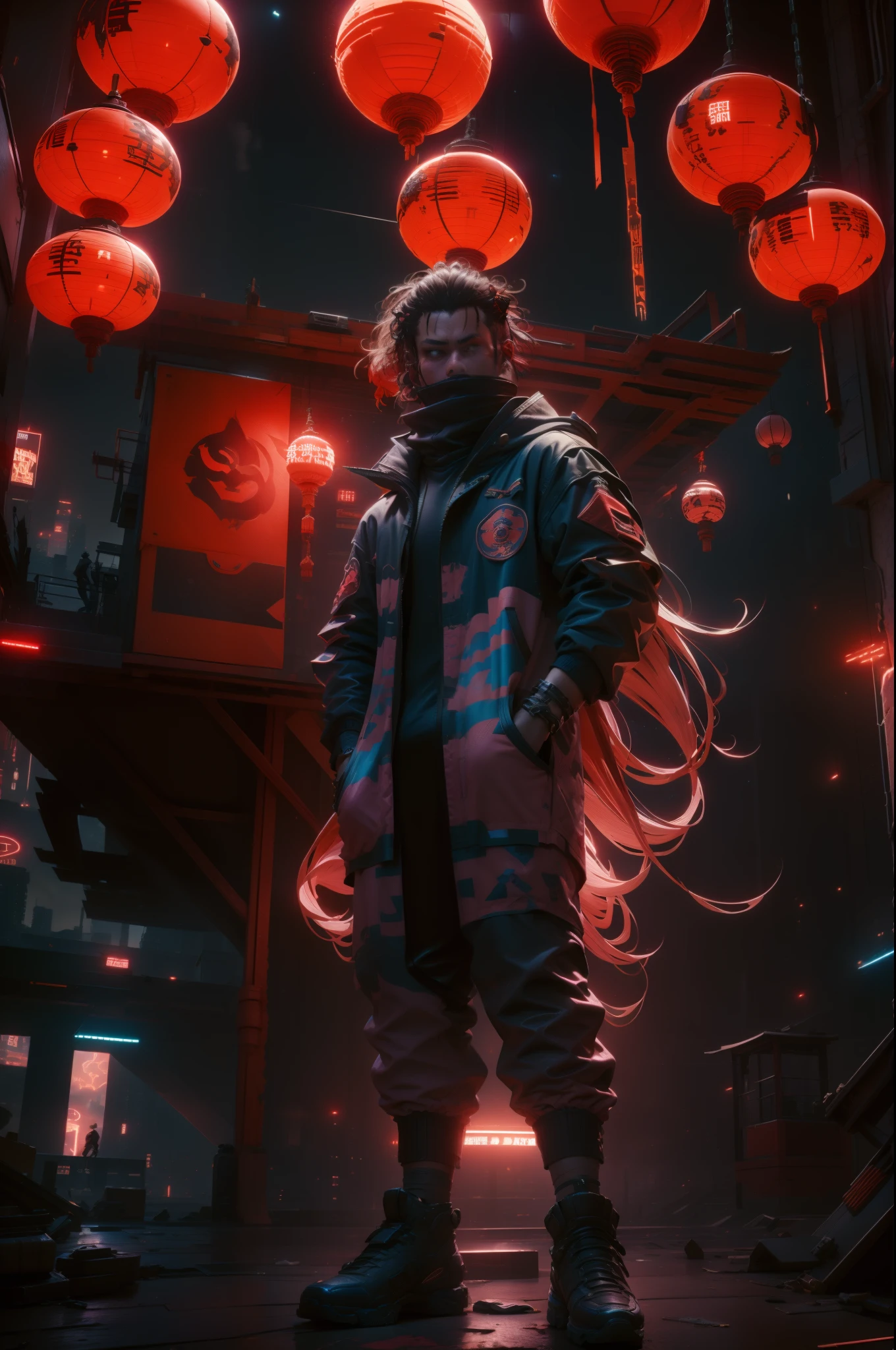 arafed man in a mask standing in a room with red lanterns, reflective floor, fireworks sky, liondance in the background, wearing japanese techwear, cyberpunk streetwear, wearing urban techwear, wearing space techwear, wearing cyberpunk streetwear, techwear fashion, techwear look and clothes, techwear occultist, techwear, techwear clothes, outlive streetwear collection, futuristic techwear, all black cyberpunk clothes, red glow lines on clothes