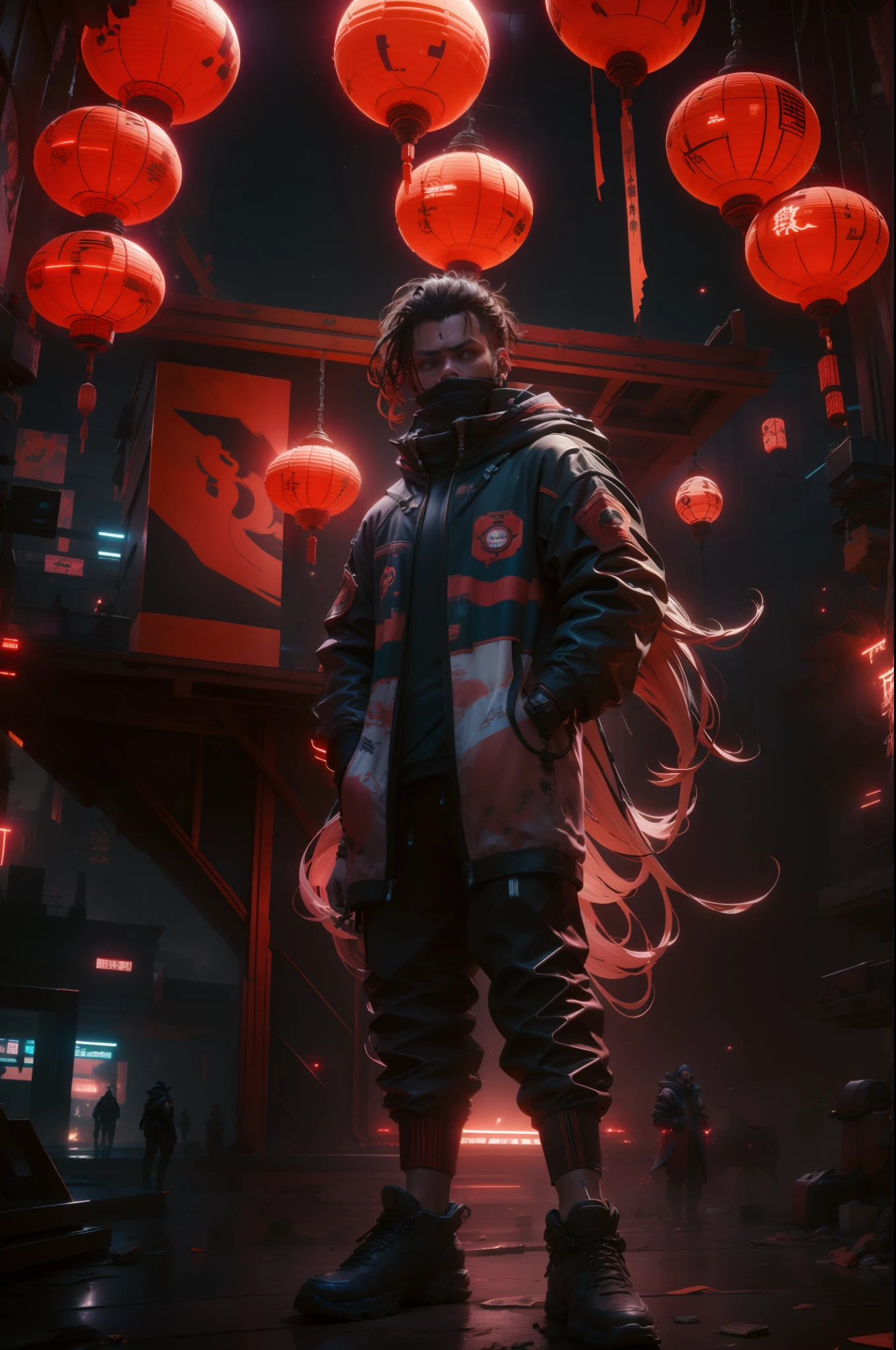 arafed man in a mask standing in a room with red lanterns, reflective floor, fireworks sky, liondance in the background, wearing japanese techwear, cyberpunk streetwear, wearing urban techwear, wearing space techwear, wearing cyberpunk streetwear, techwear fashion, techwear look and clothes, techwear occultist, techwear, techwear clothes, outlive streetwear collection, futuristic techwear, all black cyberpunk clothes, red glow lines on clothes