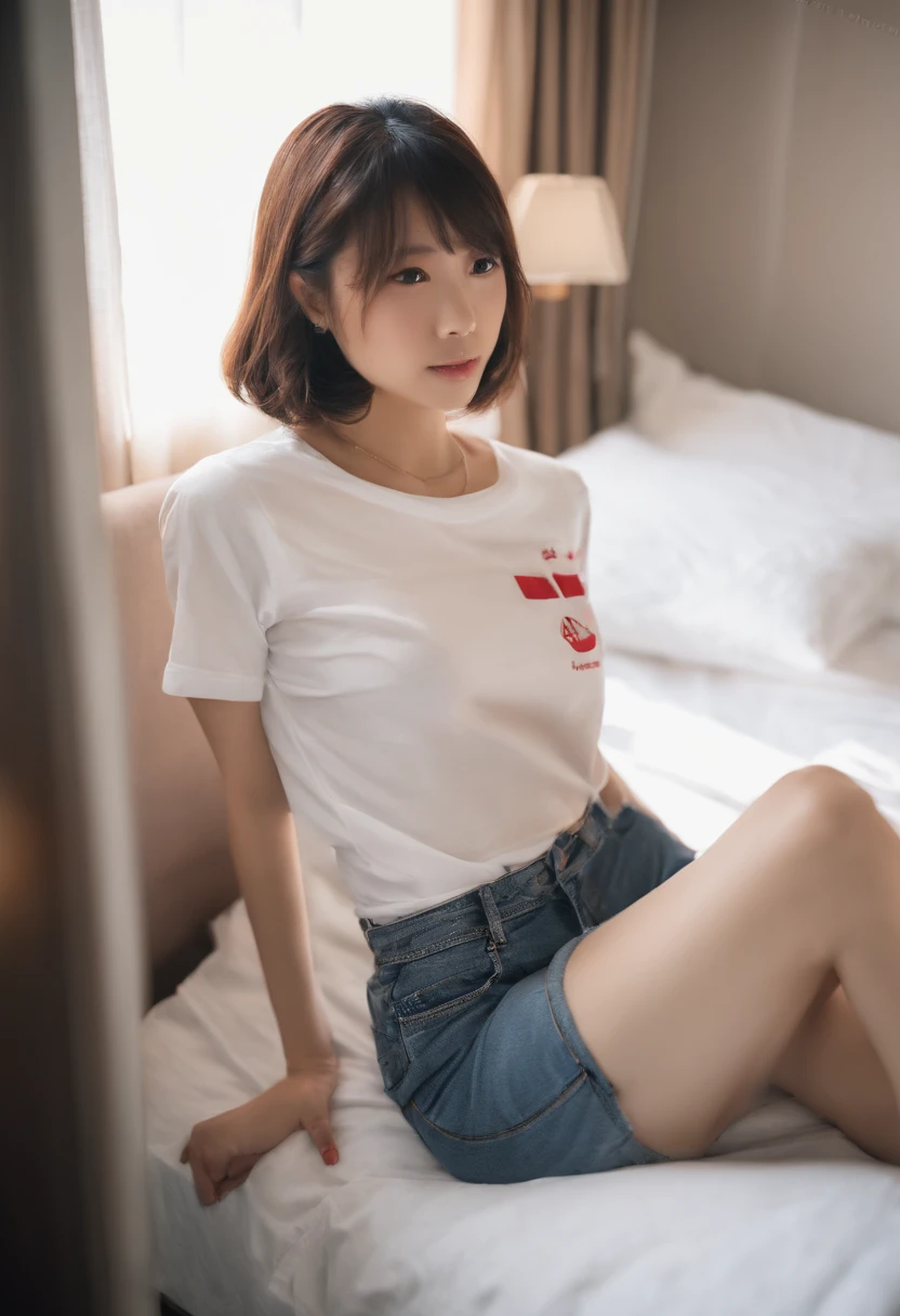 Araffe asian woman sitting on a bed in a white shirt - SeaArt AI