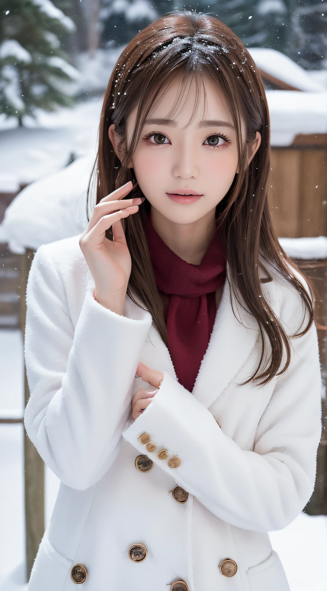 1womanl, (up of face:1.5), light brown hair, Blunt bangs, hair behind ear, hair over shoulder, Long hair, slender body shape, Ultra Fine Face, Thin face, Delicate lips, (beautidful eyes:1.5), thin blush, eyes are light brown,View here, Ultra-thin hands, Ultra-fine fingers, best ratio four finger and one thumb, (realisitic:1.3), white longcoat, muffler , gloves、Coniferous forest with heavy snowfall, It's snowing  .One-person viewpoint,  8K, masutepiece, nffsw, Super Detail, High quality, Best Quality, hight resolution,