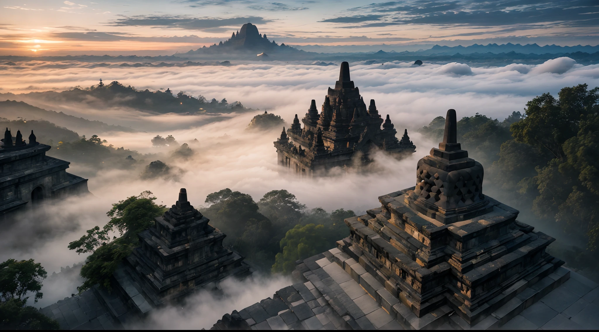 portrait of candi buddha building complex, epic, fog, dawn, dramatic lighting, dim light, mountains, forest, cliff,  advntr