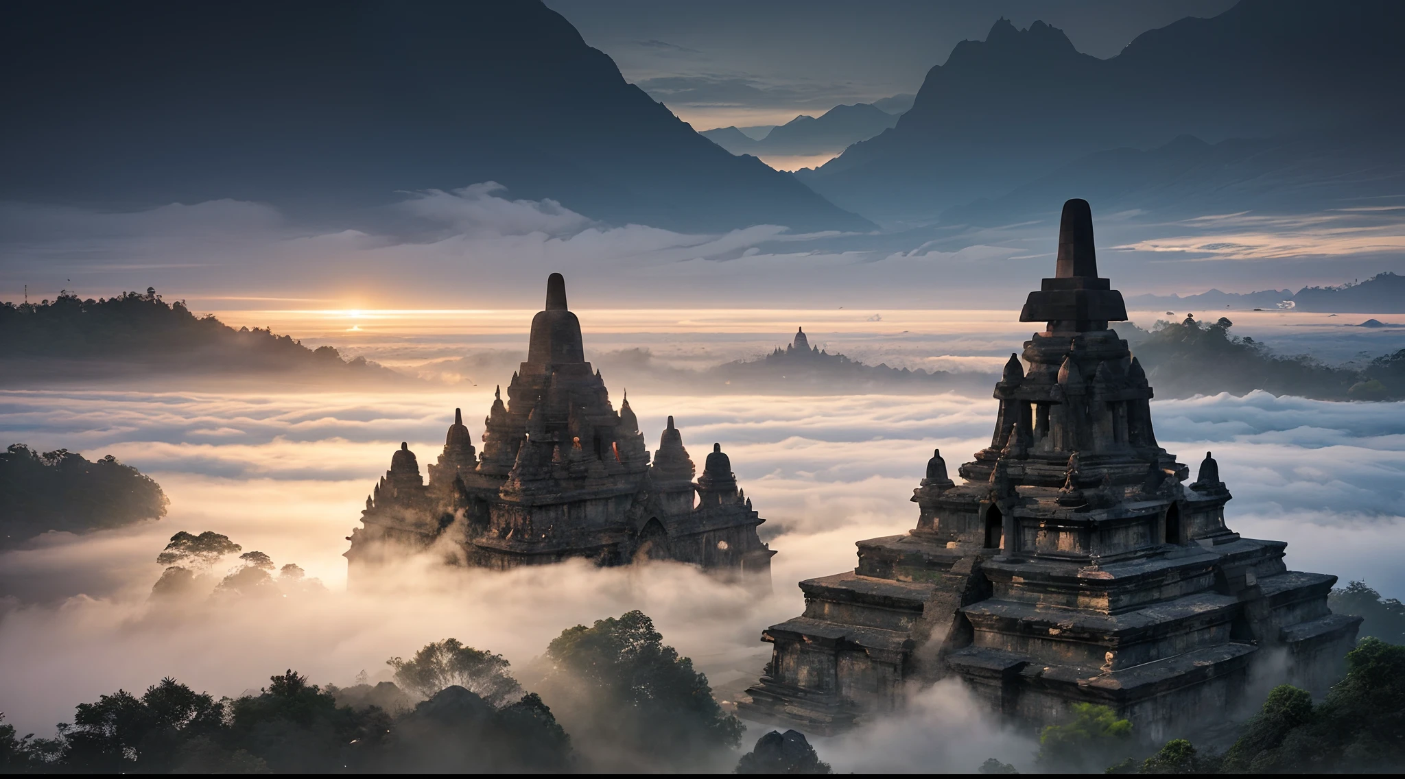 portrait of candi buddha building complex, epic, fog, dawn, dramatic lighting, dim light, mountains, forest, cliff,  advntr