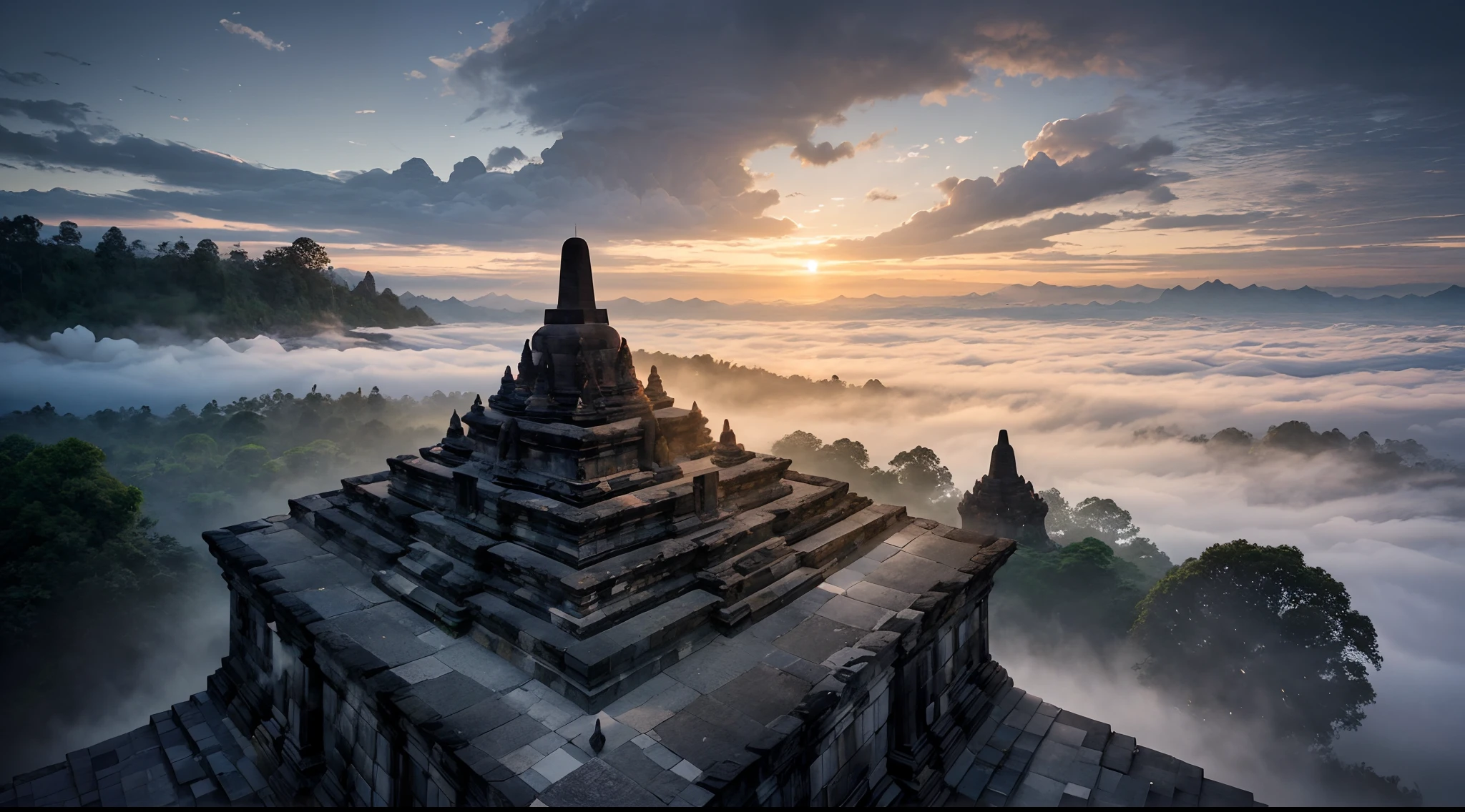 portrait of candi buddha building complex, epic, fog, dawn, dramatic lighting, dim light, mountains, forest, cliff,  advntr