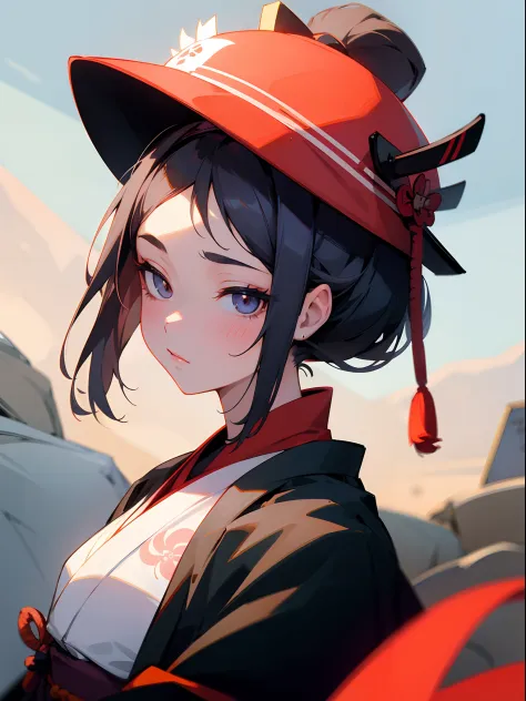 A beautiful girl wearing Japanese clothes with a samurai hat and a very beautiful face