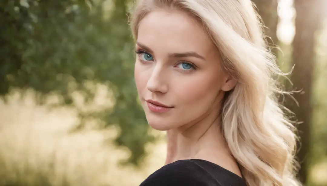 blond woman with blue green eyes and a black top posing for a picture, beautiful blonde girl, blonde hair blue eyes, blonde hair and blue,green eyes, blonde swedish woman, blonde hair and large eyes, beautiful blonde woman, attractive girl, masterpiece, be...
