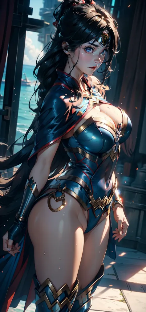 1female，35yo，Huge breasts， 独奏， wonder women，Wonder Woman uniform，Dressed in blue cyberpunk style，red capelet，比基尼， Beautiful legs and buttocks ，the ocean，  She has long flowing black hair， ，Sateen，Bigchest， From the front side， Wet straight hair， Sweating p...