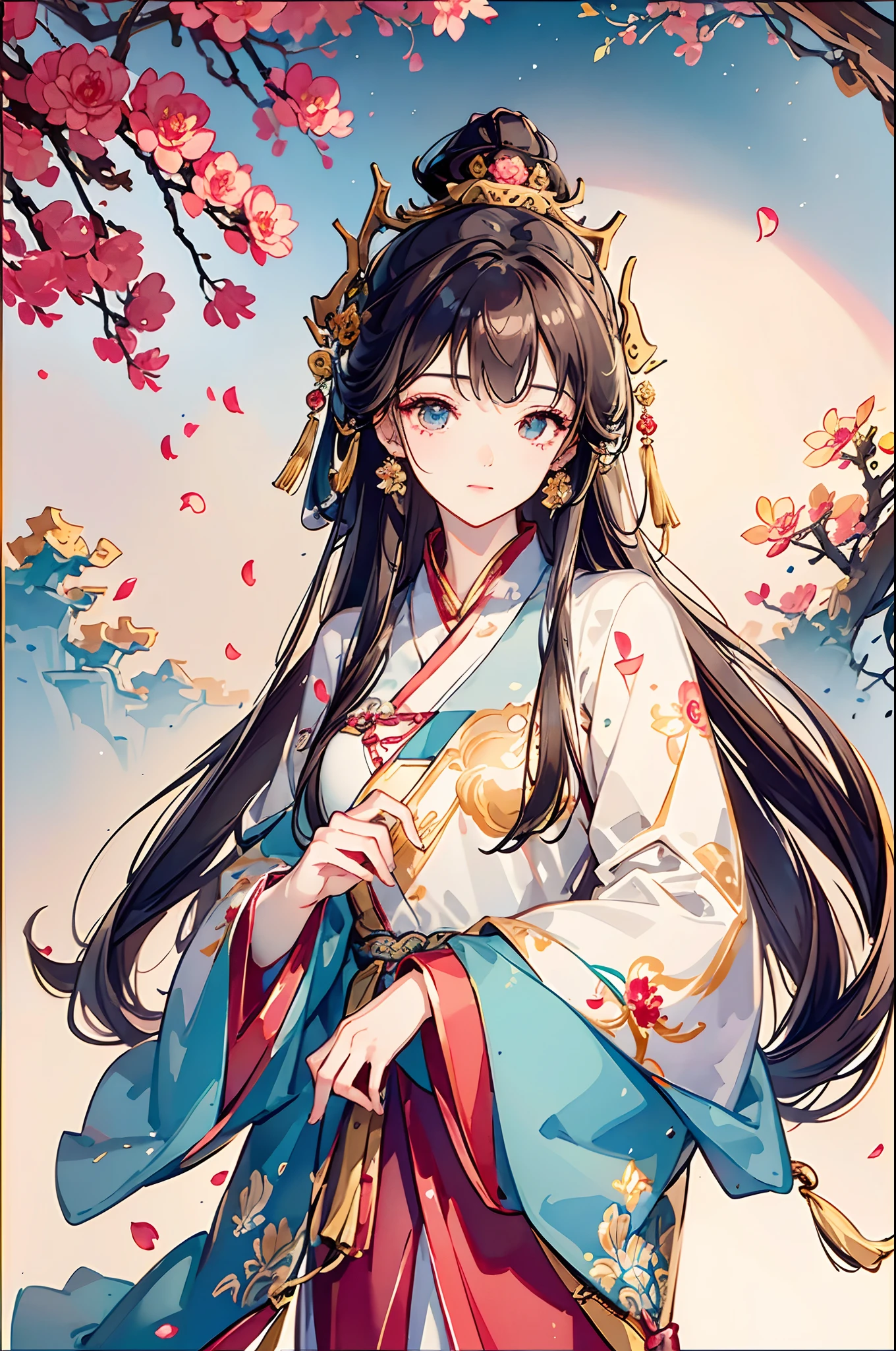 the Extremely Detailed CG Unity 8K Wallpapers，tmasterpiece，Best picture quality，【Beautiful oriental girl，petals，Antique hair accessories，On the head wears 1 Luoyang peony，The clothes are embroidered with golden stroked peonies，dynamicposes，Simple and clean background
，volumettic light】brunette color hair，Hanfu，ssmile