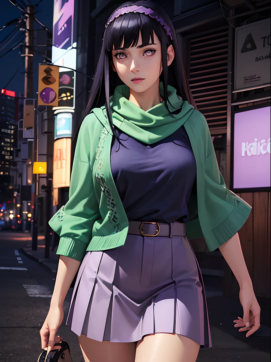 (realistic:1.3), insane detailed, quality, (masterpiece:1.2), (photorealistic:1.2), (best quality), (detailed skin:1.3), (intricate details), ray tracing, ((half body)), (((1girl))), (((1 person))), Daphne, 20 years old, dark blue hair, green shawl, purple t-shirt, purple pleated skirt, hair band, (night background),Bangs, purple eyes