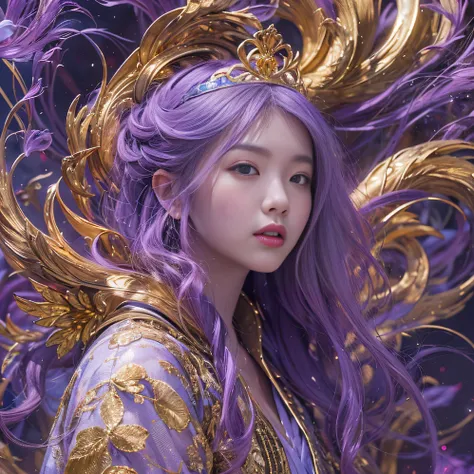 A close up of a woman with purple hair wearing a gold crown 