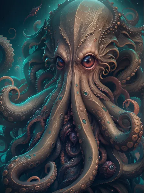 ((best quality)) , ((masterpiece)) , (detailed) ,fantasy art, (intricate details:1.1), extreme close-up shot of a large, (Alien:1.3) ,(Cthulhu's Octopus Hair:1.2), Complex facial features,simple background, spring dungeon, Stars in the sky, deep focus, Ult...