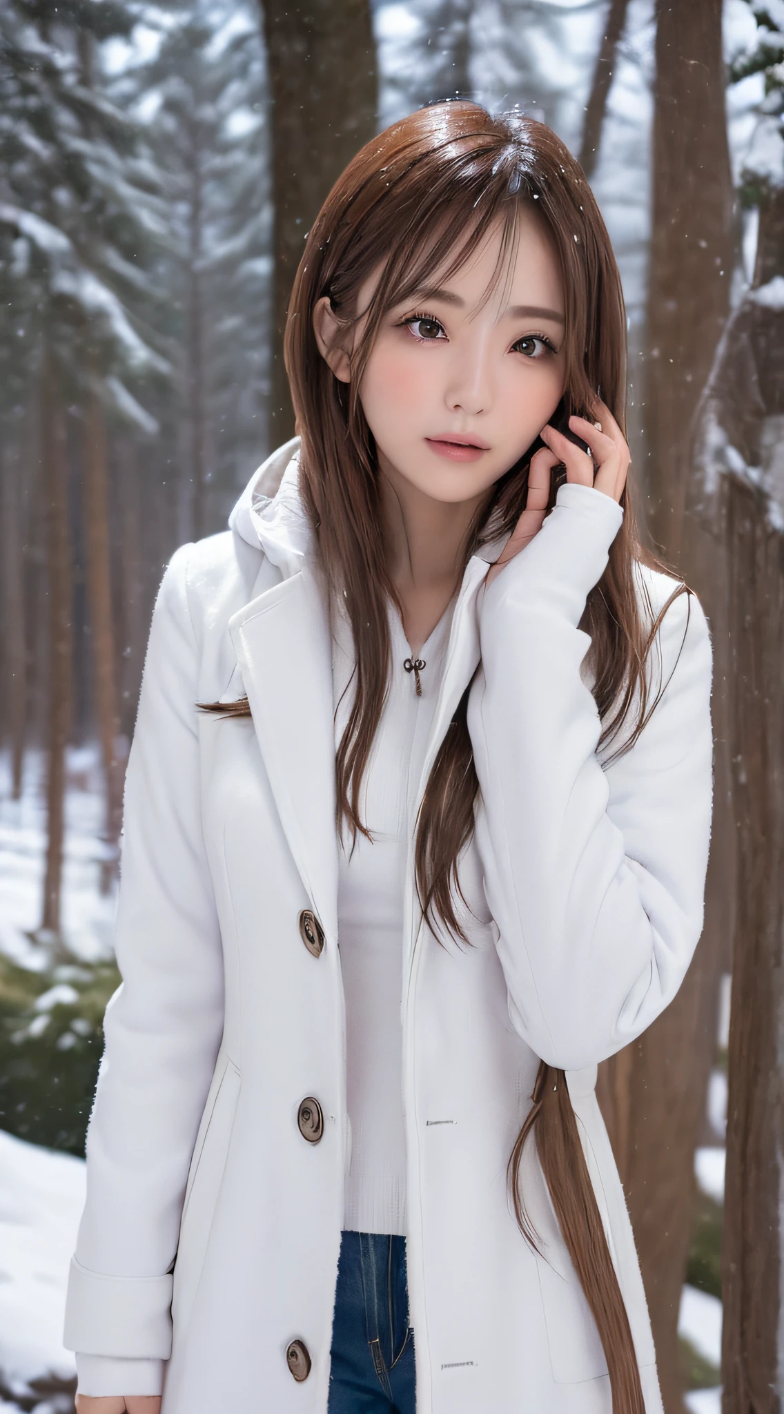 1womanl, (up of face:2.0), light brown hair, Blunt bangs, hair behind ear, hair over shoulder, Long hair, slender body shape, Ultra Fine Face, Thin face, Delicate lips, (beautidful eyes:1.5), thin blush, eyes are light brown,View here, Ultra-thin hands, Ultra-fine fingers, best ratio four finger and one thumb, (realisitic:1.3), white longcoat, muffler , gloves、Coniferous forest with heavy snowfall, It's snowing  .One-person viewpoint,  8K, masutepiece, nffsw, Super Detail, High quality, Best Quality, hight resolution,