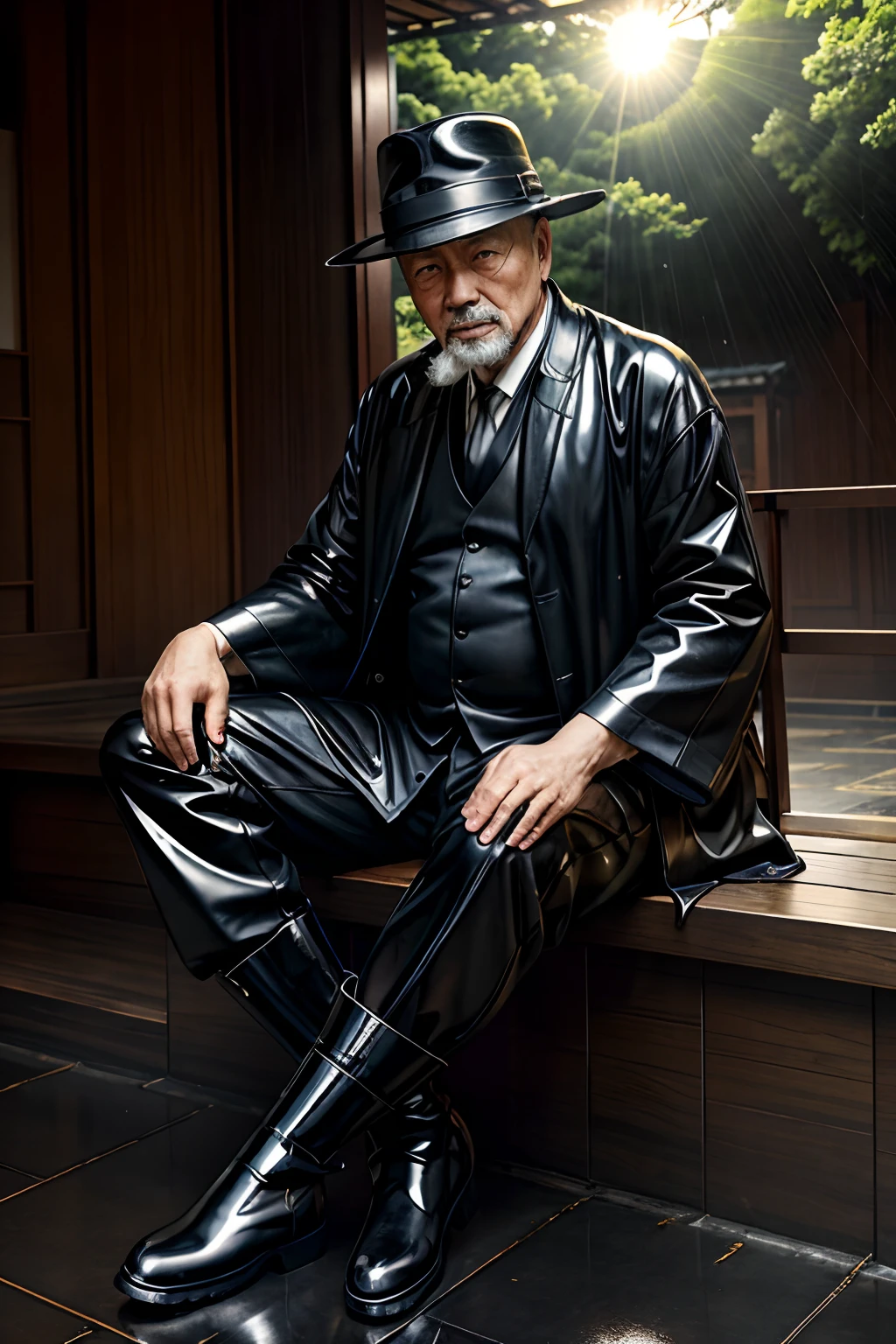 Old gentleman with a goatee，sit on chair，Black high-gloss rain boots, 8K resolution,Wallpaper masterpiece，Best quality，Highly meticulous，Ultra high quality，The midday sun is a bit dazzling。