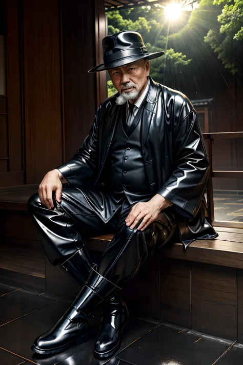 Old gentleman with a goatee，sit on chair，Black high-gloss rain boots, 8K分辨率,Wallpaper masterpiece，Best quality，Highly meticulous...
