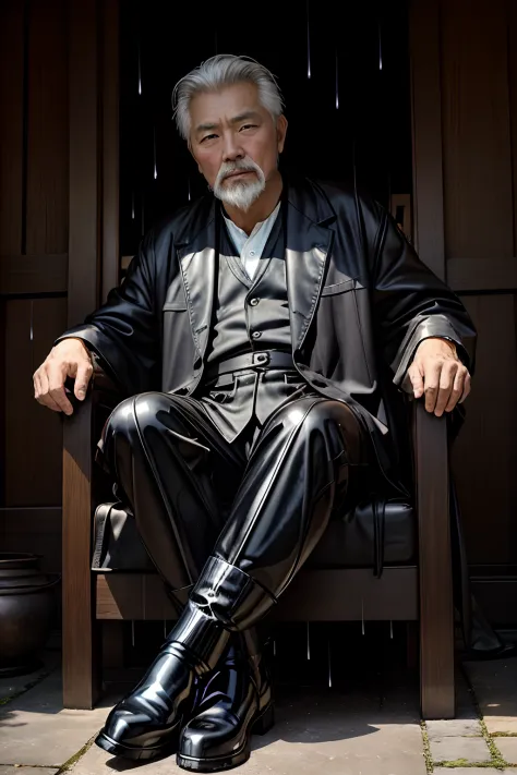 Old gentleman with a goatee，sit on chair，Black high-gloss rain boots, 8K分辨率,Wallpaper masterpiece，Best quality，Highly meticulous...