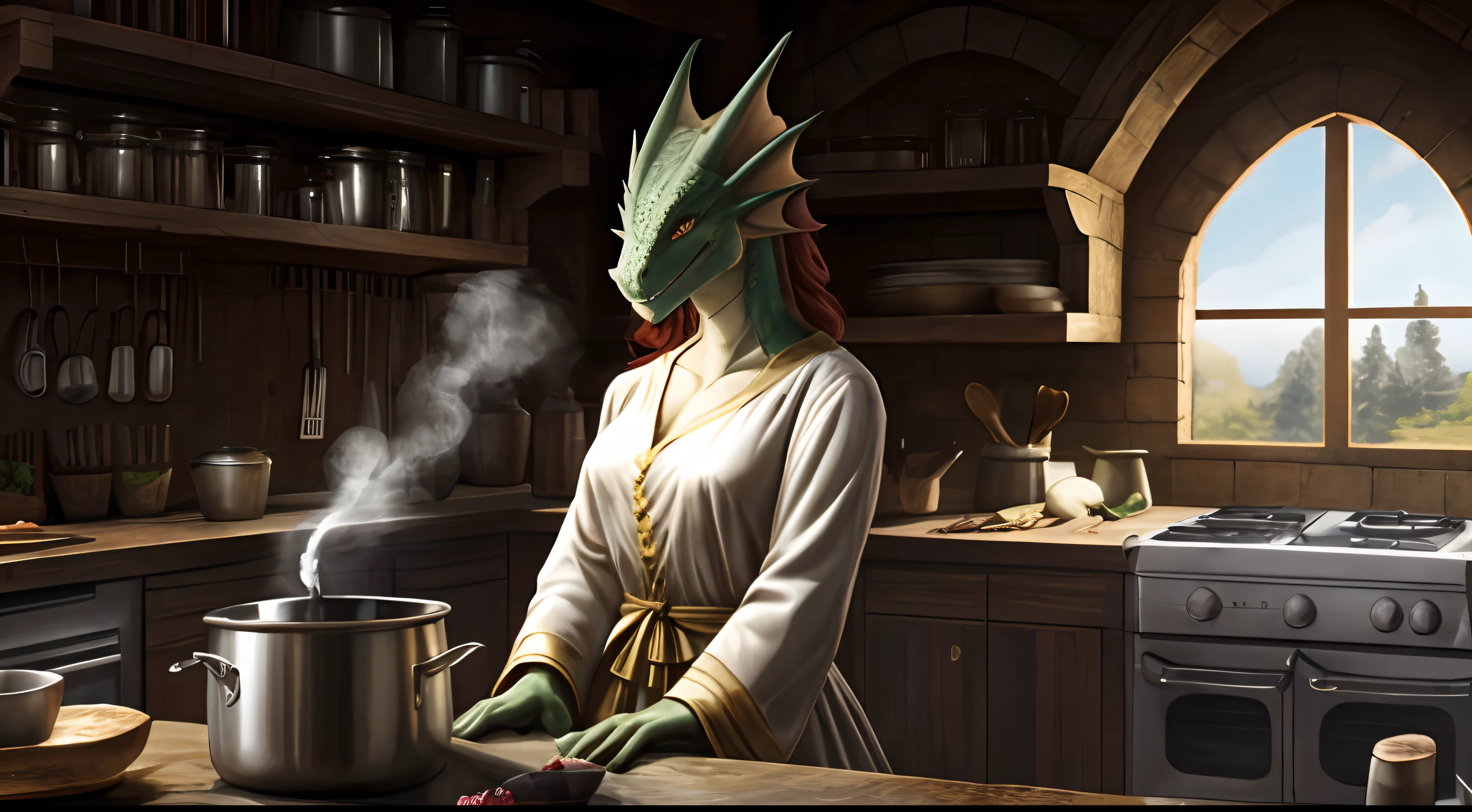 ((Seductive slender anthro dragoness in medieval robes)), Women's, anthro, dragon/Lizard's head, scaly body,, in full growth, Slender breasts, scaled skin, Long red hair, membranous ears, small head, long neck, long legs, tail, Shelves with product backgrounds, The character prepares food in the kitchen, pans and pots, Steam and fire