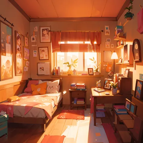 a bedroom with a beautiful sunset (best quality, highres, vivid colors), warm orange and pink color tones, cozy and comfortable atmosphere, sunlight streaming through the window, soft and gentle lighting, a big, luxurious bed with fluffy pillows and a thic...