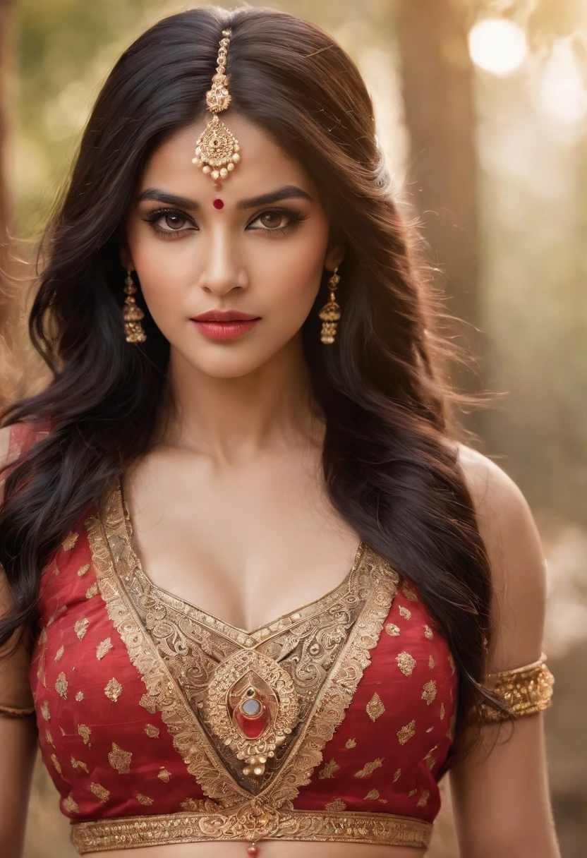 (photorealistic:1.37),indian women,sexy warrior,sword in hand,detailed eyes,detailed lips,long black hair,golden jewelry,flowing fabrics,navel,sexy top wear,vibrant colors,ornate headpiece,ornamental hilt,confident expression,graceful pose,beautiful backdrop,warrior princess