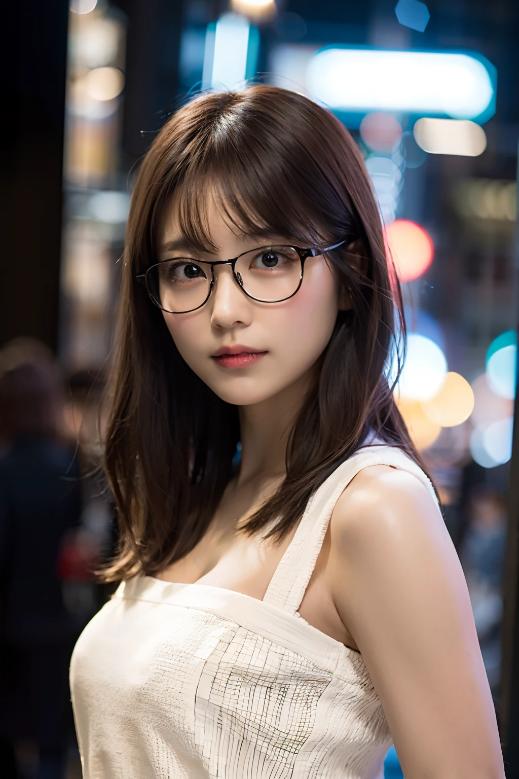 8K、Raw photography、top-quality、​masterpiece、realisitic、Photorealsitic、ultra-detailliert、超A high resolution、女の子1人、see the beholder、beautifull detailed face、Constriction、Slim waist、White summer clothes、Beautiful detailed skin、Skin Texture、Floating hair、Professional Lighting、Downtown at night、((Black glasses)) 、Brown hair