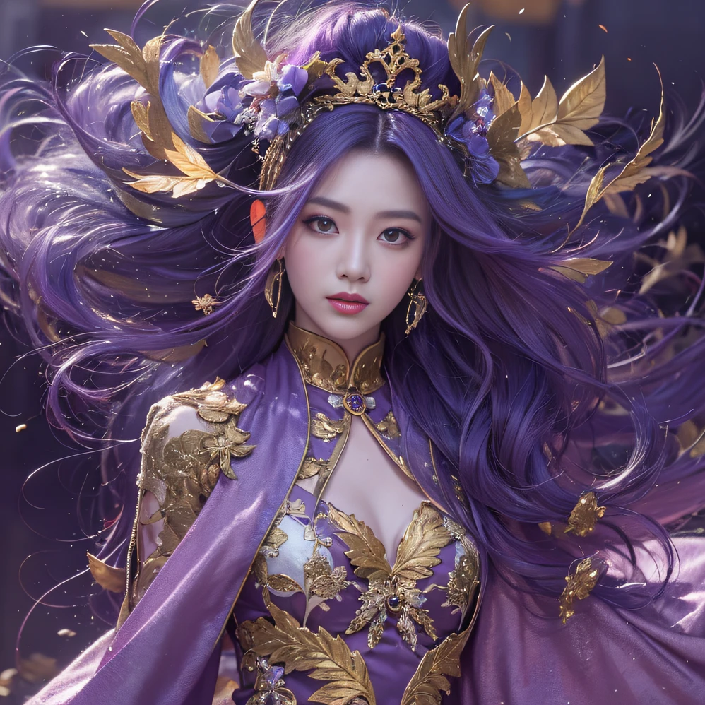 Genki Girl 32K（tmasterpiece，k hd，hyper HD，32K）Long flowing bright purple hair，Autumn Pond，zydink， a color，  Asian people （Genki girl）， （Silk scarf）， Combat posture， looking at the ground， long whitr hair， Floating bright purple， Fire cloud pattern gold tiara， Chinese long-sleeved gold silk garment， （Abstract metaverse splash：1.2）， white backgrounid，Lotus vitality protector（realisticlying：1.4），Bright purple hair，Smoke on the road，The background is pure， A high resolution， the detail， RAW photogr， Sharp Re， Nikon D850 Film Stock Photo by Jefferies Lee 4 Kodak Portra 400 Camera F1.6 shots, Rich colors, ultra-realistic vivid textures, Dramatic lighting, Unreal Engine Art Station Trend, cinestir 800，A girl with long flowing bright purple hair