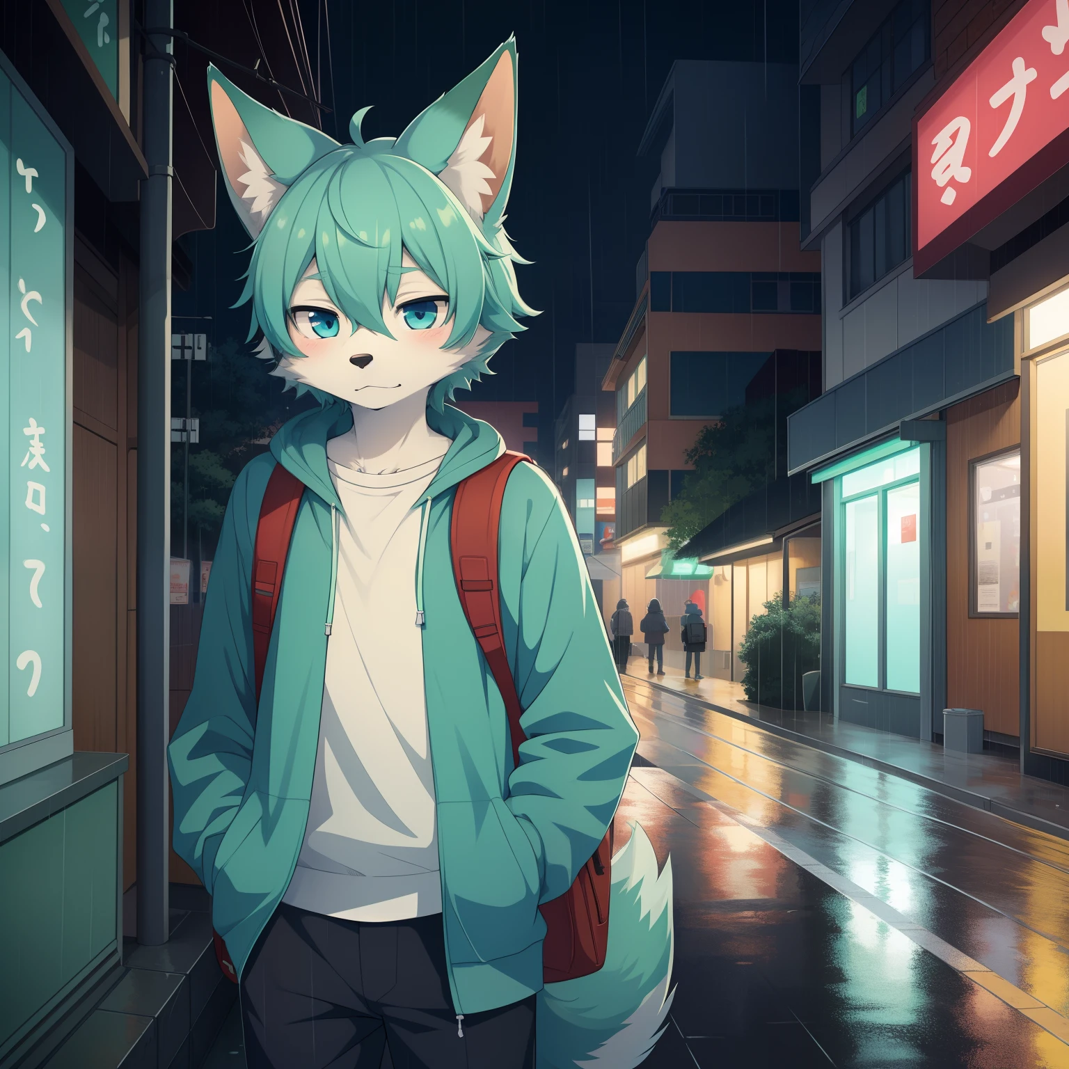 Furry art,(anthro,Fluffy fur,Character focus:1.1),by Dagasi, Yupa,Kiyosan,coyote,Male,Solo,Short hair,eyes with brightness,shaggy male，Dark blue eyes，Mint green fur，Rainy weather，Wearing a blue sweatshirt，Carry a backpack，the street，A melancholy look