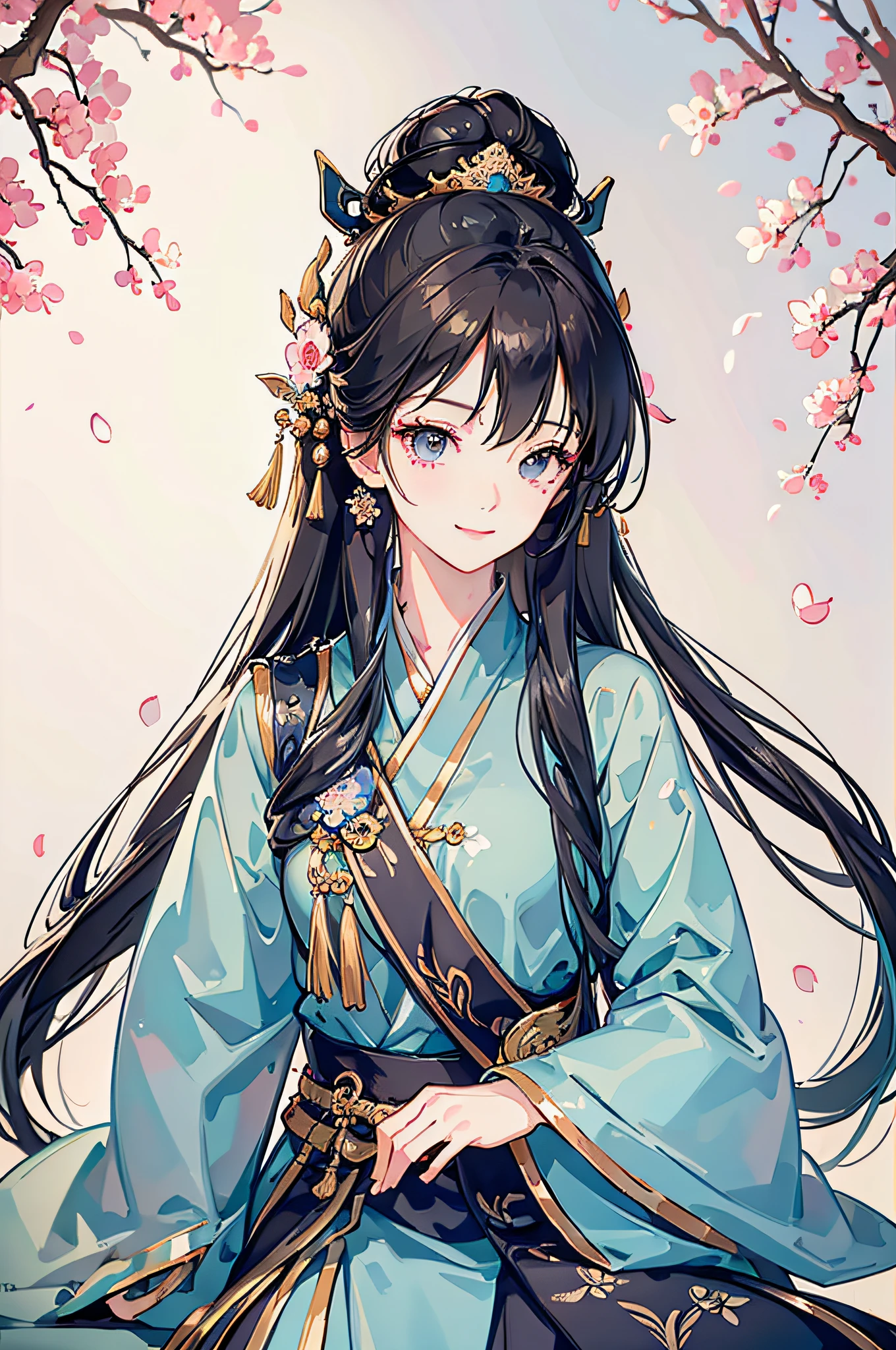 Extremely detailed Cg Unity 8K wallpaper, Masterpiece, Best quality pictures, [Beautiful oriental girl, petals, Antique hair accessories, Dynamic posture, Simple and clean background, volume light] Black hair, Hanfu, Smile