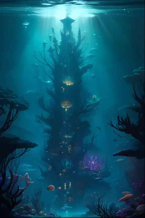 Craft an underwater fantasy artwork featuring a mythical underwater city, inhabited by merfolk and guarded by colossal sea creatures, illuminated by bioluminescent flora.